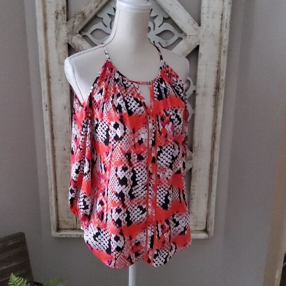 Worthington Women's 3/4 Sleeve Cold Shoulder Halter Top in Coral & Black - Picture 1 of 6